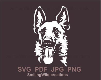 white graphic design for printing of a smiling malinois face