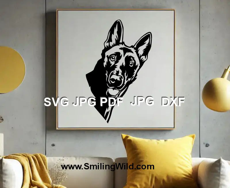 malinois sv vector portrait in  a preview iage of a poster on a wall
