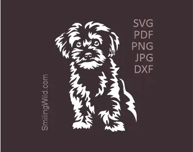 sitting Maltipoo dog SVG vector clipart preview, includes PNG and DXF files in White color
