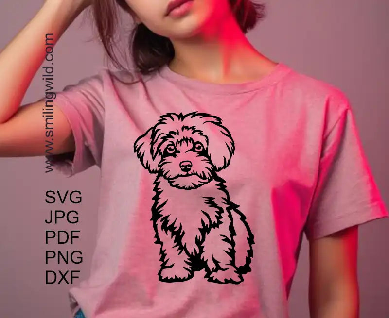 a preview image of Sitting Maltipoo dog made in SVG and DXF vector drawing for cutting and engraving 