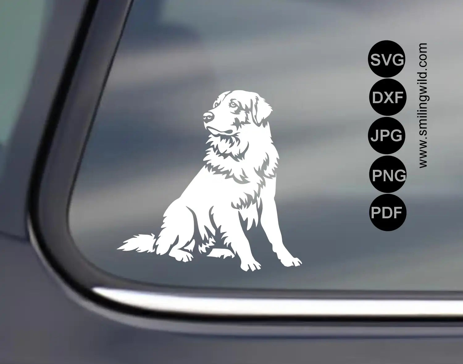 Maremma Sheepdog SVG dog white vector cut file portrayed as a bright white vinyl decal applied on the rear window of a dark car.