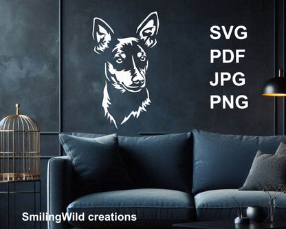 miniature pinscher white digital design transfered on a dark wall