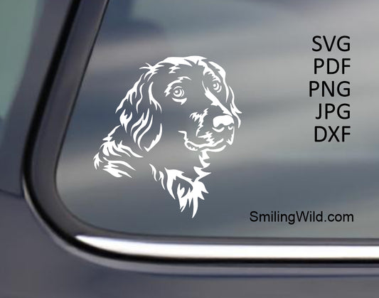Munsterlander Dog SVG, DXF Cutting Files - White Vector Clipart preview, confirming the included PNG and DXF formats are optimized for using as cutting files for decals and stickers and for engraving systems too.