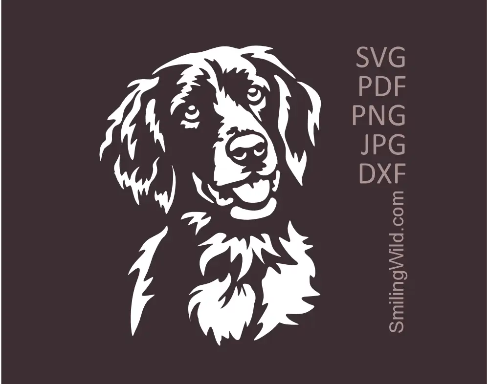 Almost Frontal view of a happy Large Munsterlander SVG white vector cut file showing the smiling dog portrait on a dark background