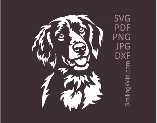 Almost Frontal view of a happy Large Munsterlander SVG white vector cut file showing the smiling dog portrait on a dark background