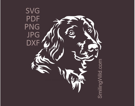 Munsterlander Dog SVG, DXF Cutting Files - White Vector Clipart showcasinng a portrait of a German hunting dog. 