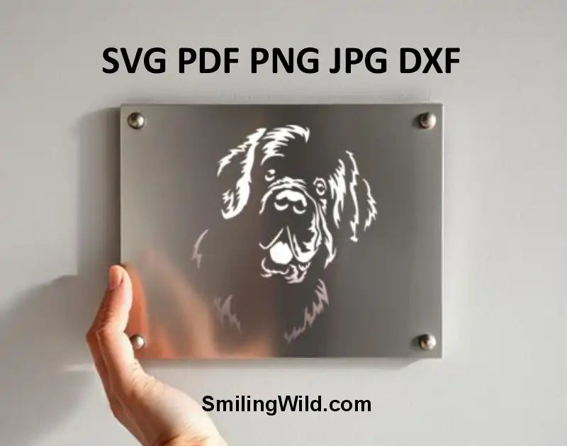 Metal plaque with Newfoundland dog svg png and dxf white vector  engraving held by a hand.