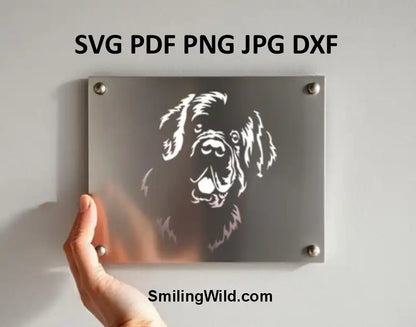 Metal plaque with Newfoundland dog svg png and dxf white vector  engraving held by a hand.