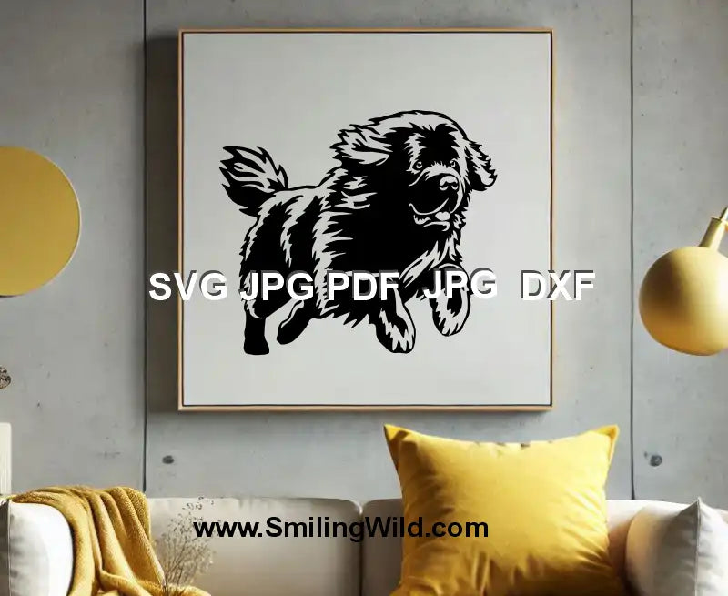 Framed black Newfoundland dog vinyl sticker illustration on a wall made of svg png and dxf clipart kit.