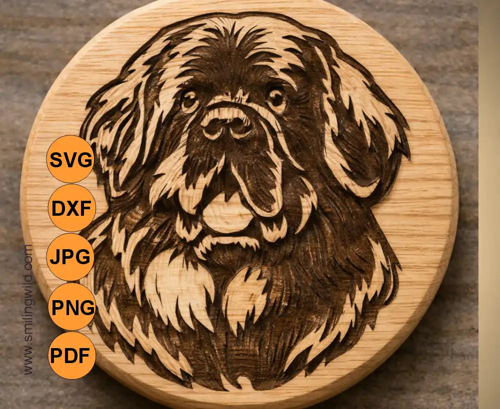 Visualization of the Newfoundland face SVG, png and dxf  cut file portrait laser engraved as detailed artwork on a round  wooden coaster.