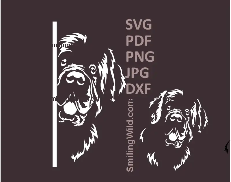Black and white illustrations of Newfoundland dog looking around the corner and a separate head in svg png and dxf file clipart