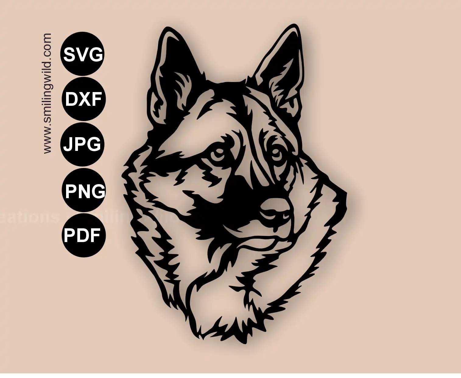 Norwegian Elkhound face one-piece SVG, png and dxf clipart drawing featuring a hunting dog cut file for metal wall art