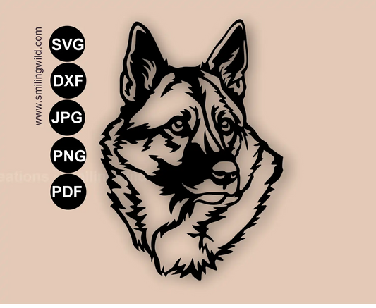 Norwegian Elkhound face one-piece SVG, png and dxf clipart drawing featuring a hunting dog cut file for metal wall art