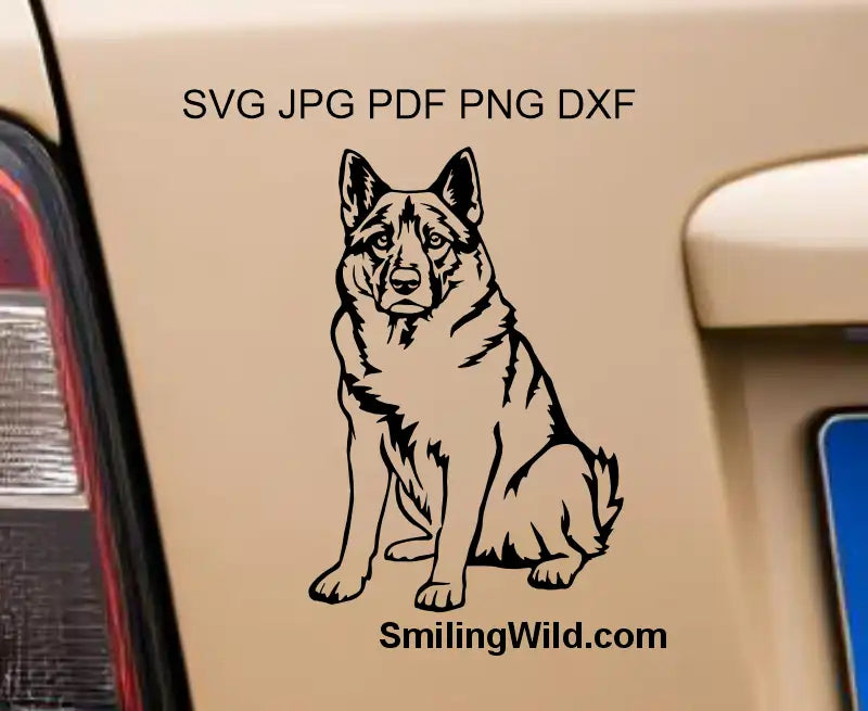 sitting, full body Norwegian Elkhound black vector art in png and dxf files with transparent backgrund for Cricut shown as a car sticker