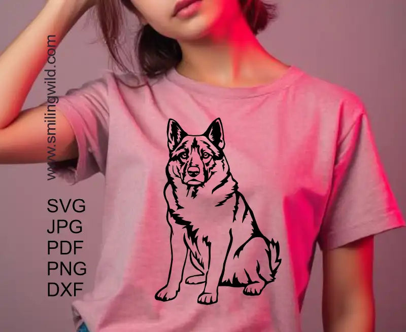 Norwegian Elkhound SVG clipart design for laser cutting and crafts shown as a t shirt decal