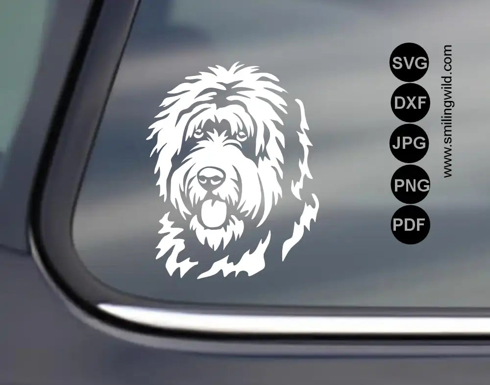 a white vinyl decal visulaization of the Old English Sheepdog head svg, png and dxf clipart files on a black car window template