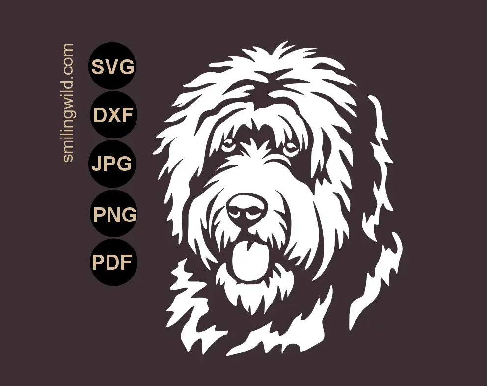 Old English Sheepdog SVG cut file presenting a head of Bobtail dog white vector graphic