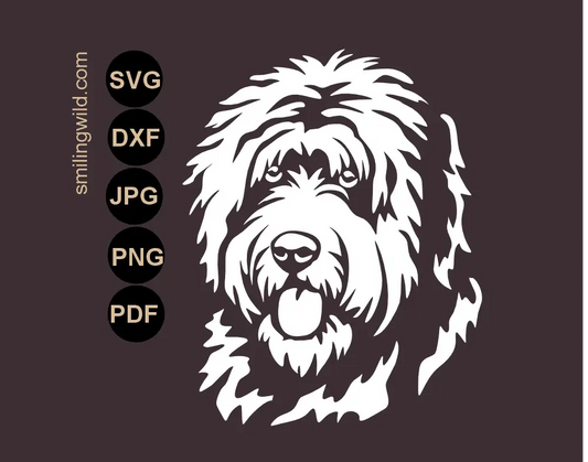 Old English Sheepdog SVG cut file presenting a head of Bobtail dog white vector graphic