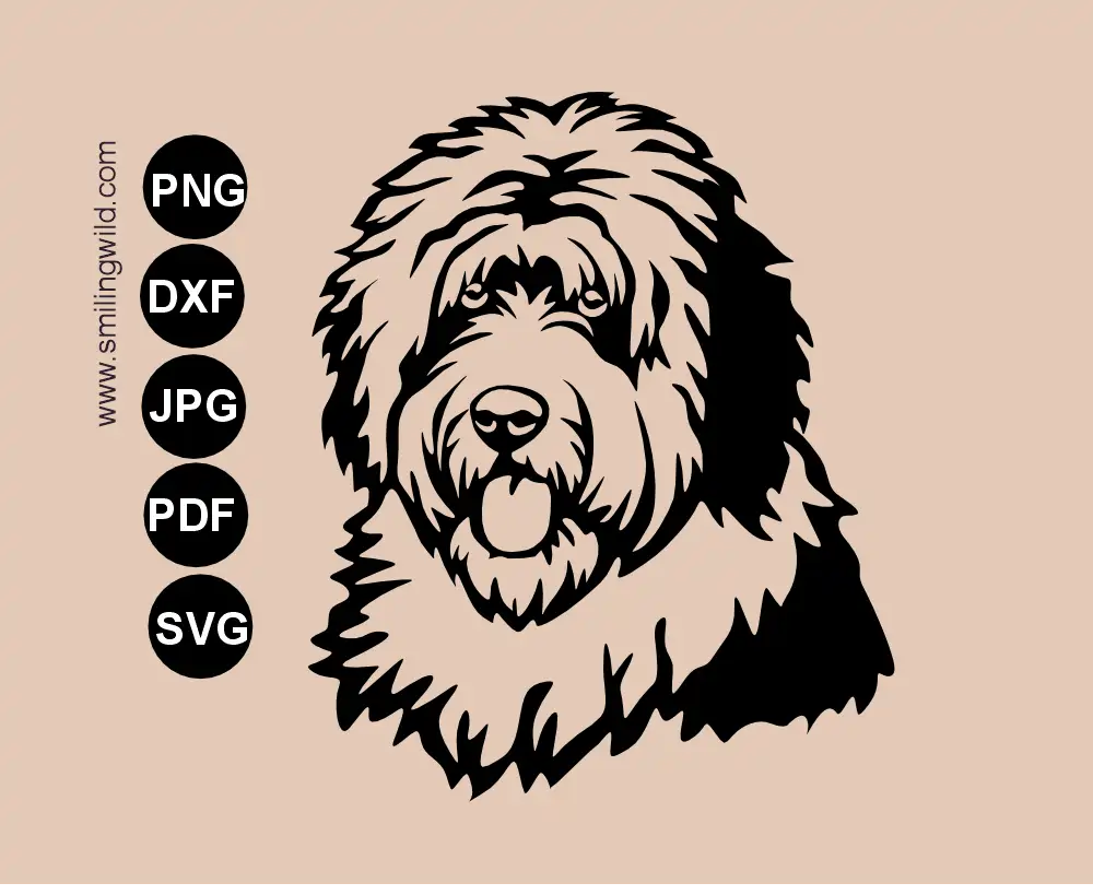 Old English Sheepdog head portrait featuring a black transparent vector graphic cut file drawing in SVG, png and dxf file asset