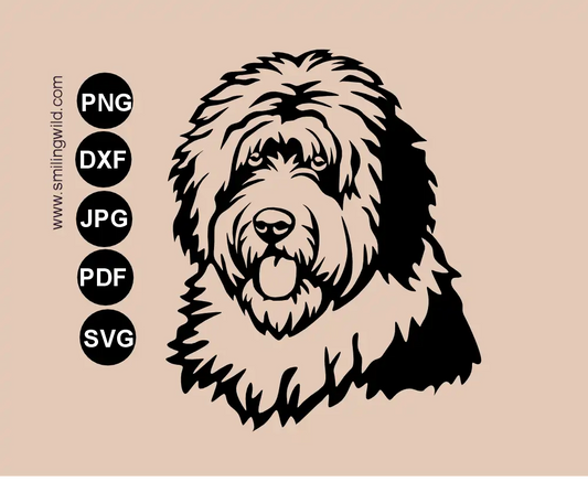Old English Sheepdog head portrait featuring a black transparent vector graphic cut file drawing in SVG, png and dxf file asset
