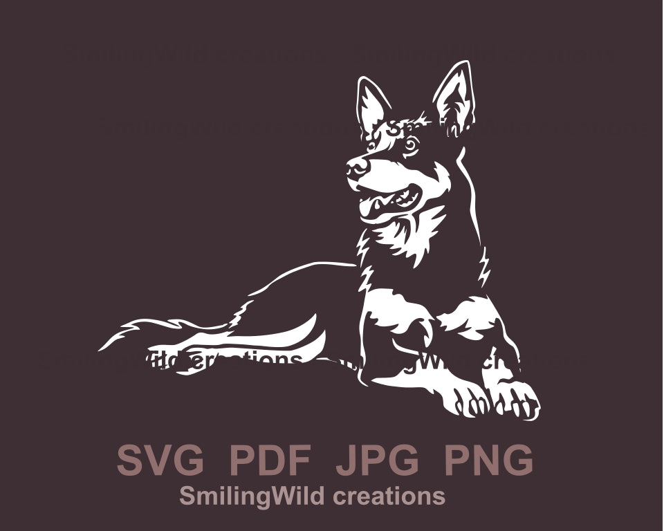 Liegender Australian Kelpie Hund SVG Vektor Grafik Clip Art Datei, Hundeportrait für schwarzes Apprel