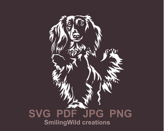 Long haired dachshund svg vector fole, white design for dark backgrounds