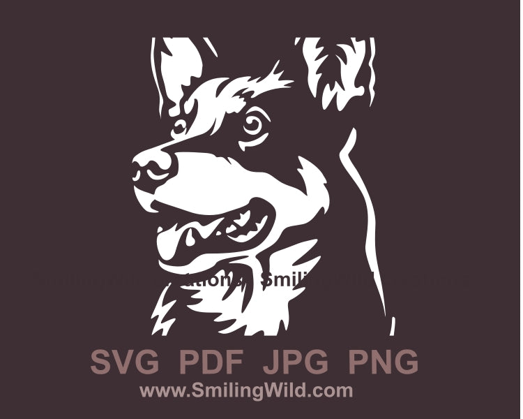 Liegender Australian Kelpie Hund SVG Vektor Grafik Clip Art Datei, Hundeportrait für schwarzes Apprel