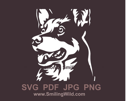 Lying Australian Kelpie dog svg vector graphic clip art file, dog portrait for black apperel