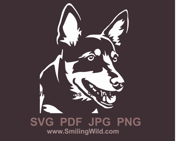 Jumping Australian Kelpie dog svg vector graphic clip art file, dog agility jump for black backgrouds