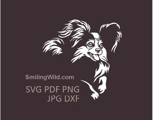 White Papillon dog SVG png and dxf files of running toy breed for laser crafts and Cricut