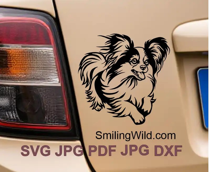 a car decal showcasing SVG & PNG design of a Papillon toy breed in motion, ideal for Cricut and laser engraving projects