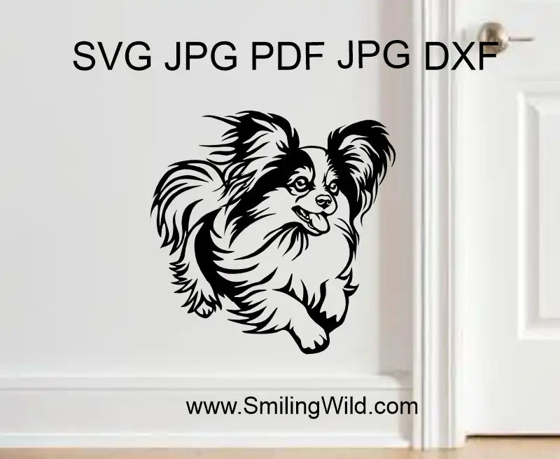 Black png,DXF vector file made in a wall design showing a running Papillon dog for digital cut art and engraving use