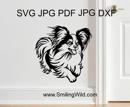 Black png,DXF vector file made in a wall design showing a running Papillon dog for digital cut art and engraving use