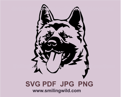 Smiling american akita black graphic face digital drawing