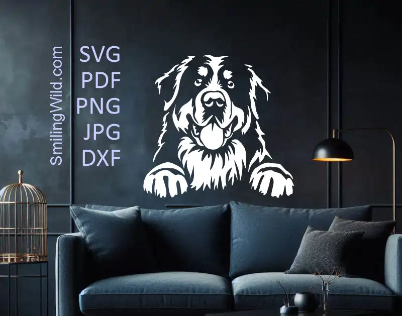 A preview image of Bernese mountain Dog white svg clipart illustration on a dark wall with a sofa 