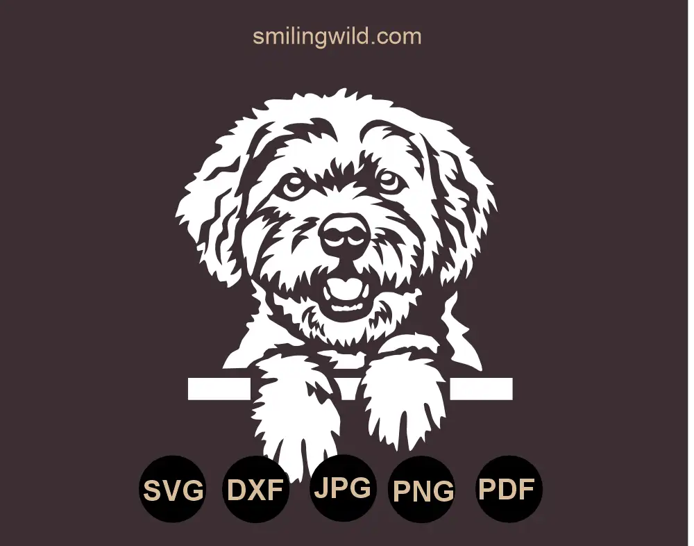 Bolonka zwetna svg png and dxf cut file of a peeking dog digitaly drawn in white vector clipart rendered for dark-surface application