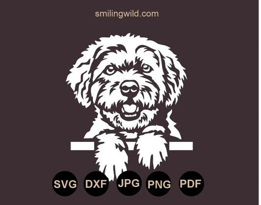 Bolonka zwetna svg png and dxf cut file of a peeking dog digitaly drawn in white vector clipart rendered for dark-surface application