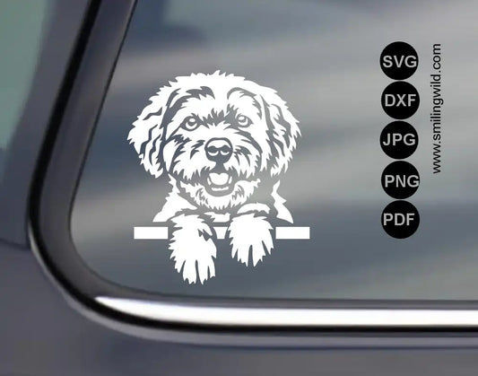 white vector peeking dog design of Bolonka zwetna with open mouth  in DXF format for vinyl cutting.