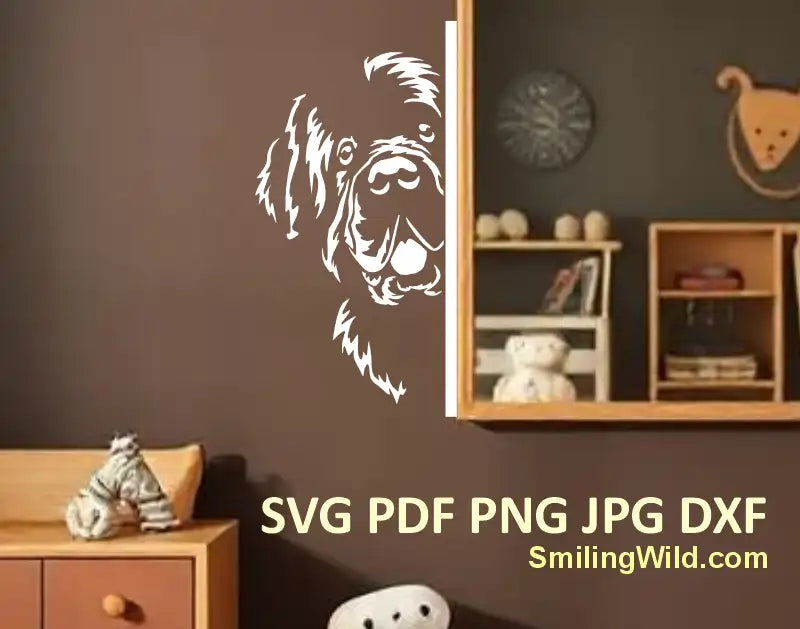 White Newfoundland dog corner design made of svg png and dxf vector graphic clipart shown on a brown wall.