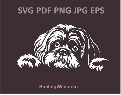 Peeking Shih Tzu SVG PNG vector graphic portrait, featuring a realistic white and black toy dog breed clipart for Cricut and laser cutting projects