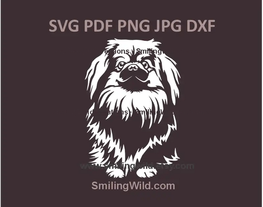 White clipart of a sitting Pekingese dog in vector SVG, png, dxf format for pet crafts and engraving.