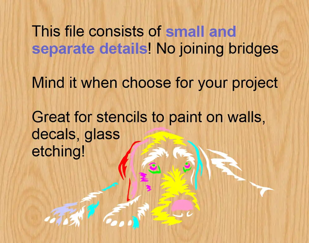 German Wirehaired Pointer white line vector clipart in SVG and DXF detail view displaying multi-detail separate cut elements for precision stencil outcuts and laser engraving