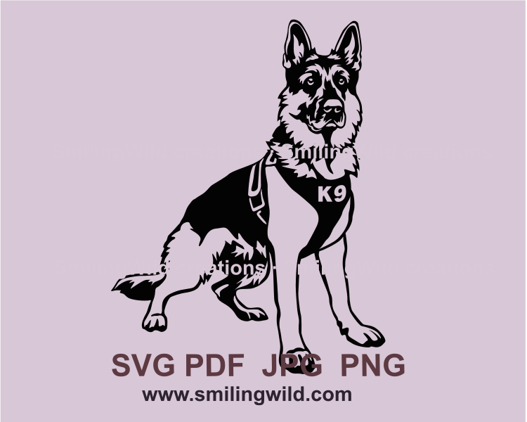 K9 german shepherd dog standing very alert in graphic style illustration