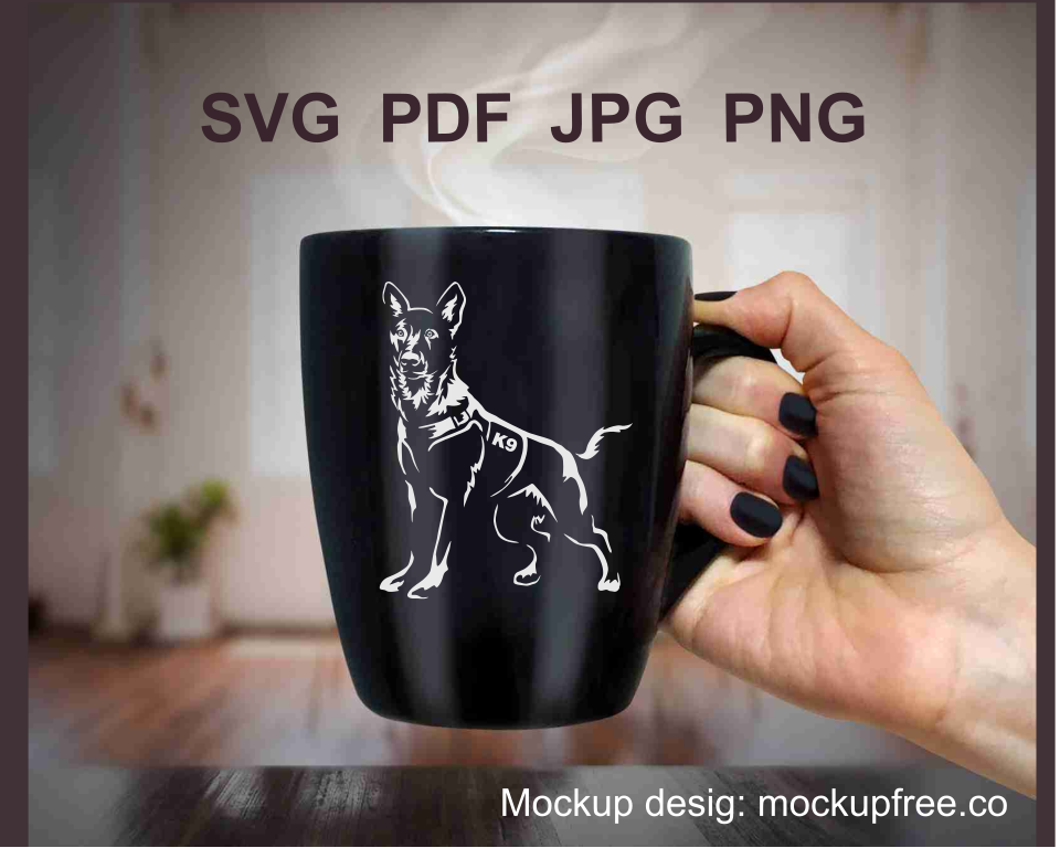 white design of k9 dutch sehpherd dog prited on a black mug