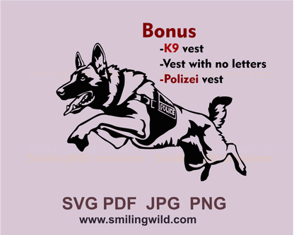 jumping malinois with police vest on it