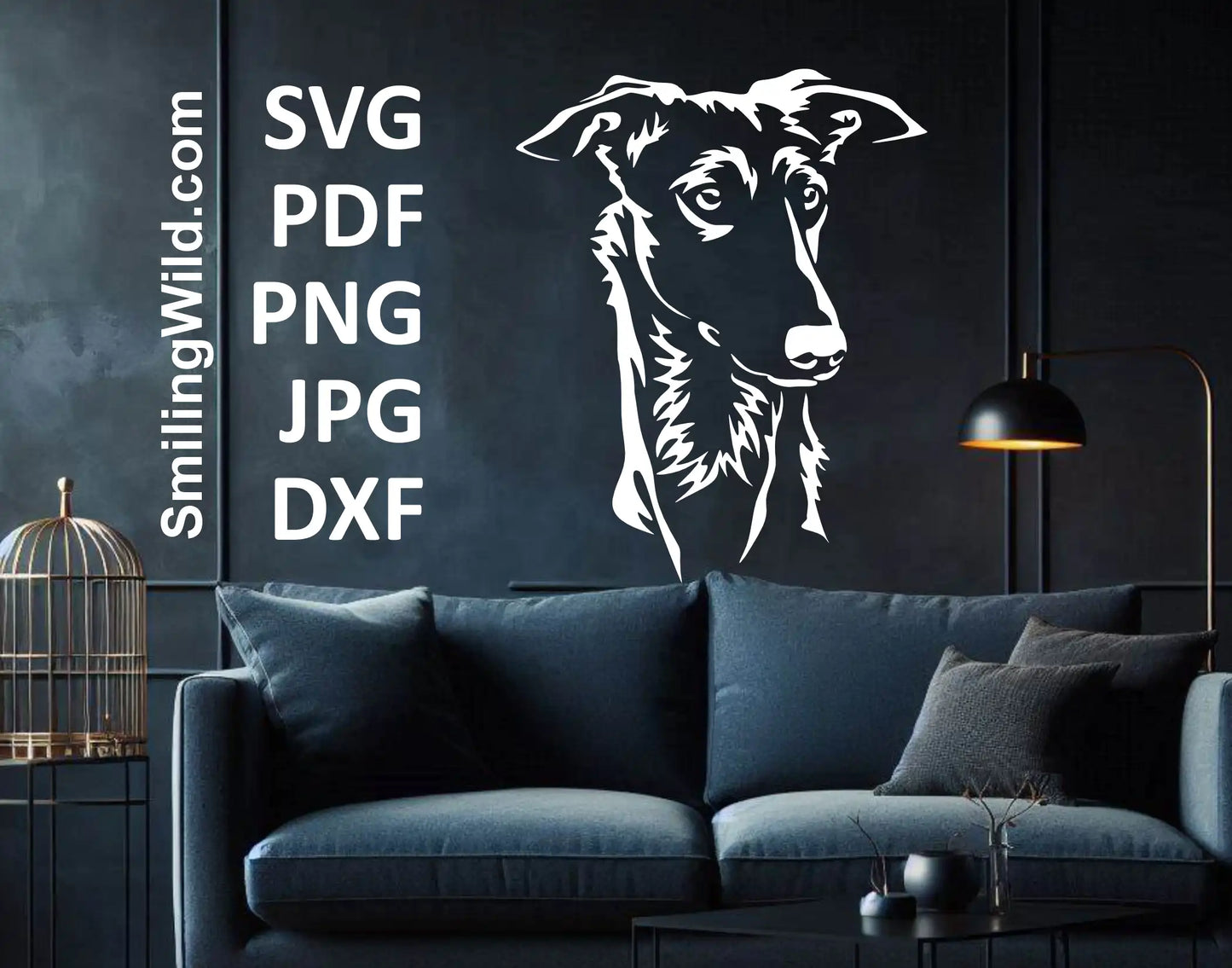 Detailed Polish Greyhound sighthound dog clipart in white and black, ideal for DIY crafts, t-shirts, and more