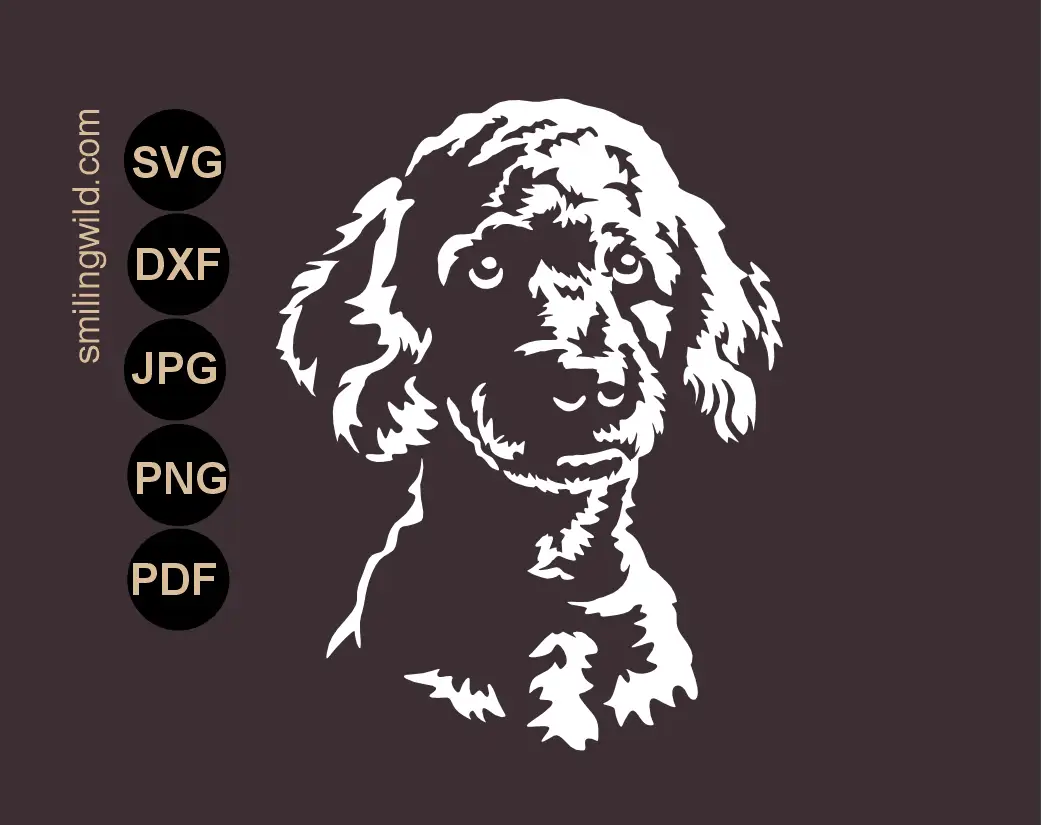 Poodle face in 1/4 angle in svg, png and dxf vector graphic presenting a dog white cut filefor laser and cricut project for application to a dark textured background