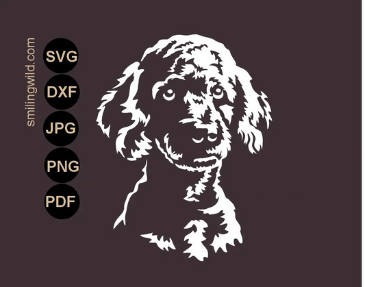 Poodle face in 1/4 angle in svg, png and dxf vector graphic presenting a dog white cut filefor laser and cricut project for application to a dark textured background