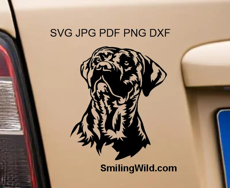 Example vinyl decal application of the Presa Canario SVG and DXF Clipart Graphic  demonstrating precision for all cutting,  laser engraving and etching systems.