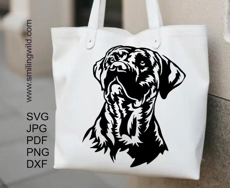 Presa Canario dog SVG Clipart Graphic file preview, confirming PNG and DXF formats are included for use as a Silhouette or Roland Cut File.